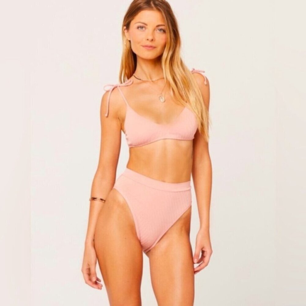 NWOT L*SPACE Ribbed Frenchi High Waist High Leg Cut bikini Bottom Mauve brown S